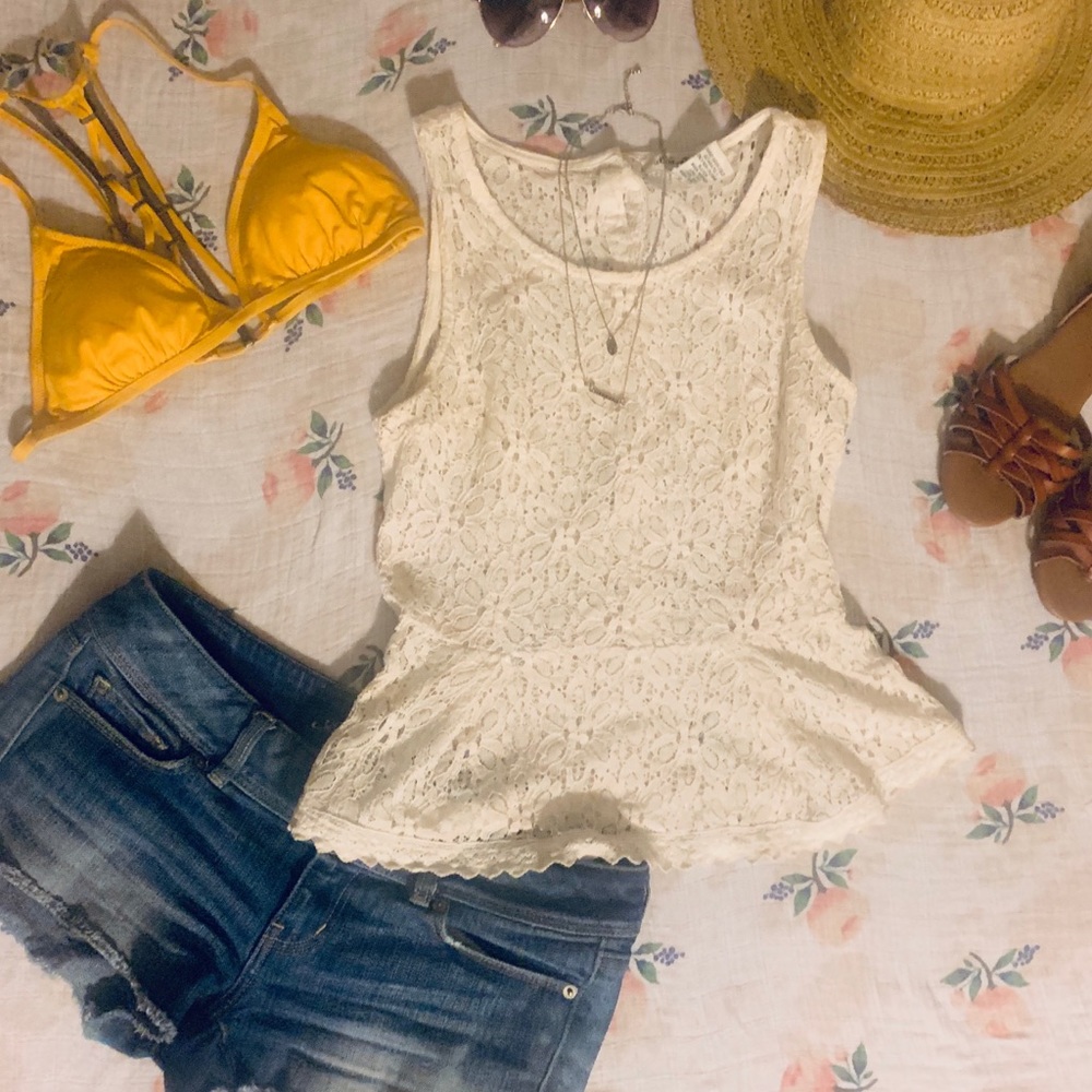 White Ivory Lace Tank Top Cover up See-through S